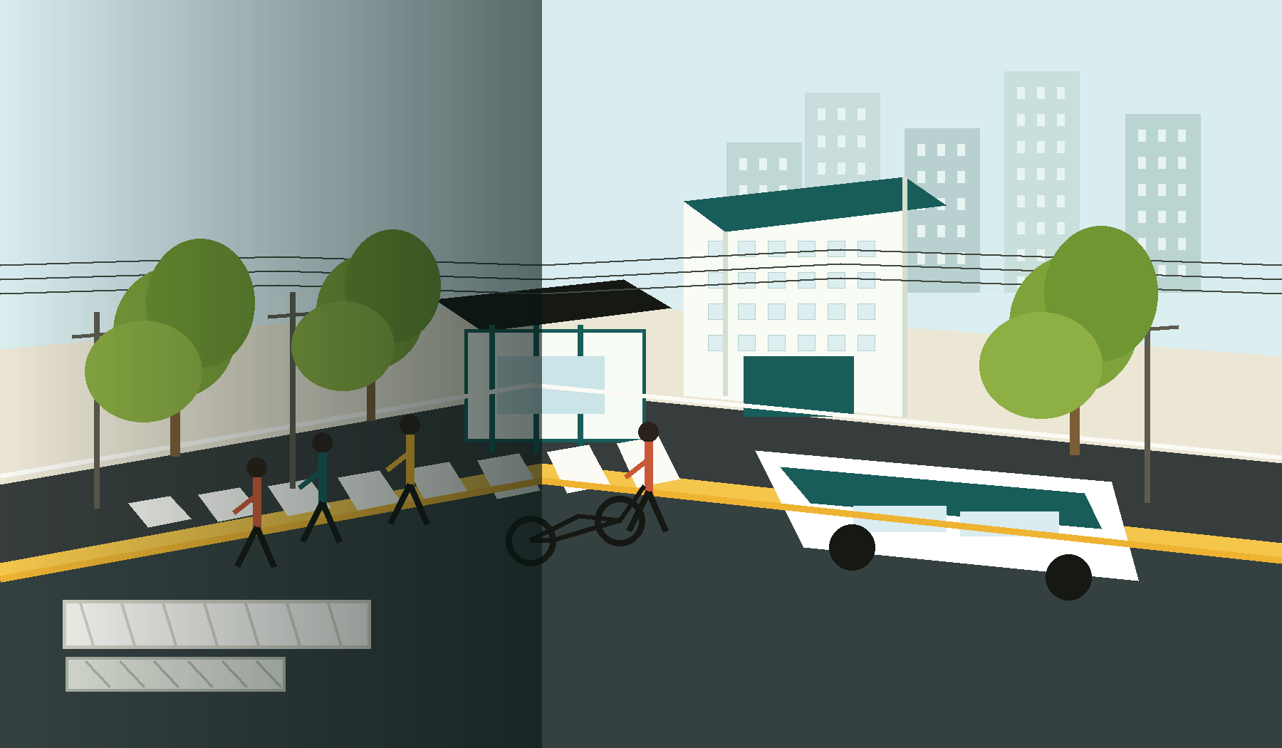 Ilustrasi koridor kota dari trotoar menuju halte dan stasiun transit
